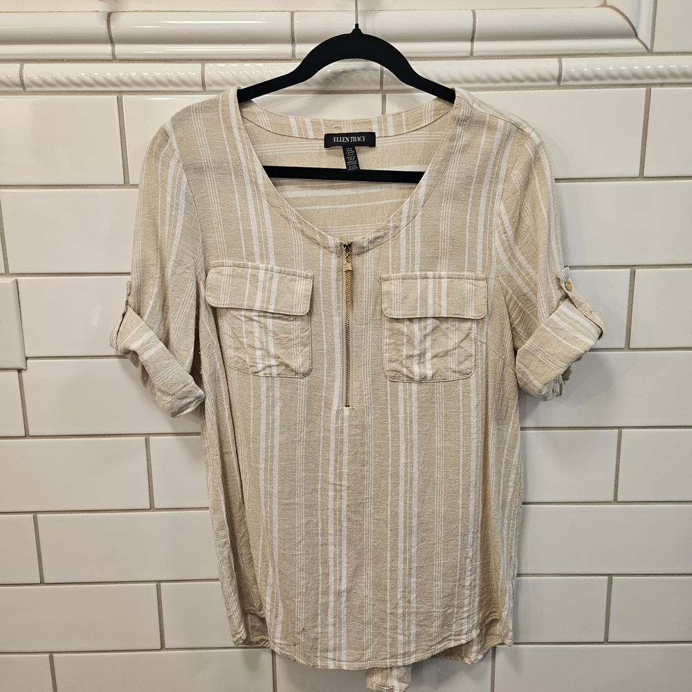 Ellen Tracy Beige and White Striped Zip-Front Tunic
